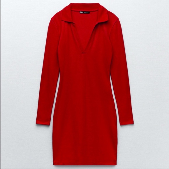 Zara Long Sleeve Polo V Neck Dress, LARGE, Red - Picture 3 of 6